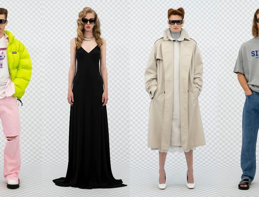 coat clothing person sunglasses accessories sleeve overcoat evening dress fashion gown