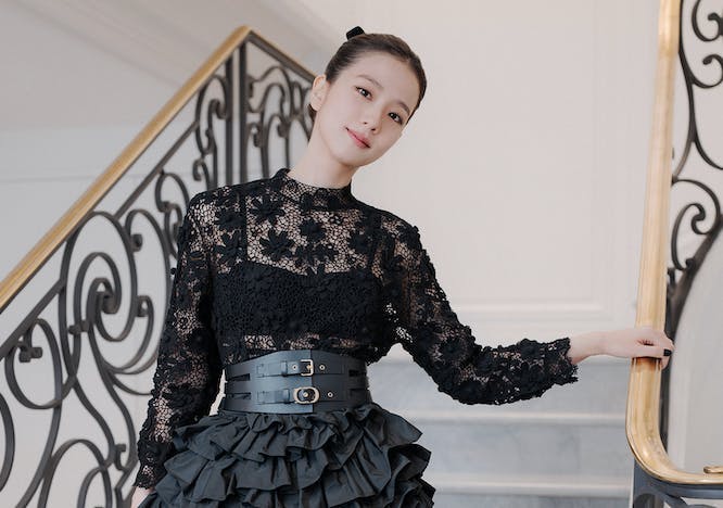 dress evening dress formal wear handrail long sleeve adult female person woman staircase